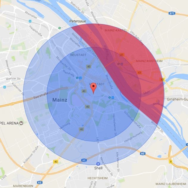 Voraussichtliche Liefergebiete – mit 2km und 3km Radius